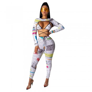 ANJAMANOR Fashion Newspaper Print Sexy Long Sleeve 3 Piece Set Bandage Pant Matching Sets Fall Club Outfits for Woman D36-AA89